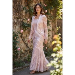 Damianou Pink Lace 2 Piece Maxi Gown and Jacket Set Petite Made in‎ USA Formal